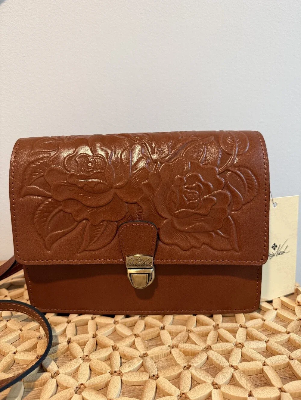 Patricia Nash Tooled Floral Leather Crossbody Bag Cognac NWT Romantic Boho Chic